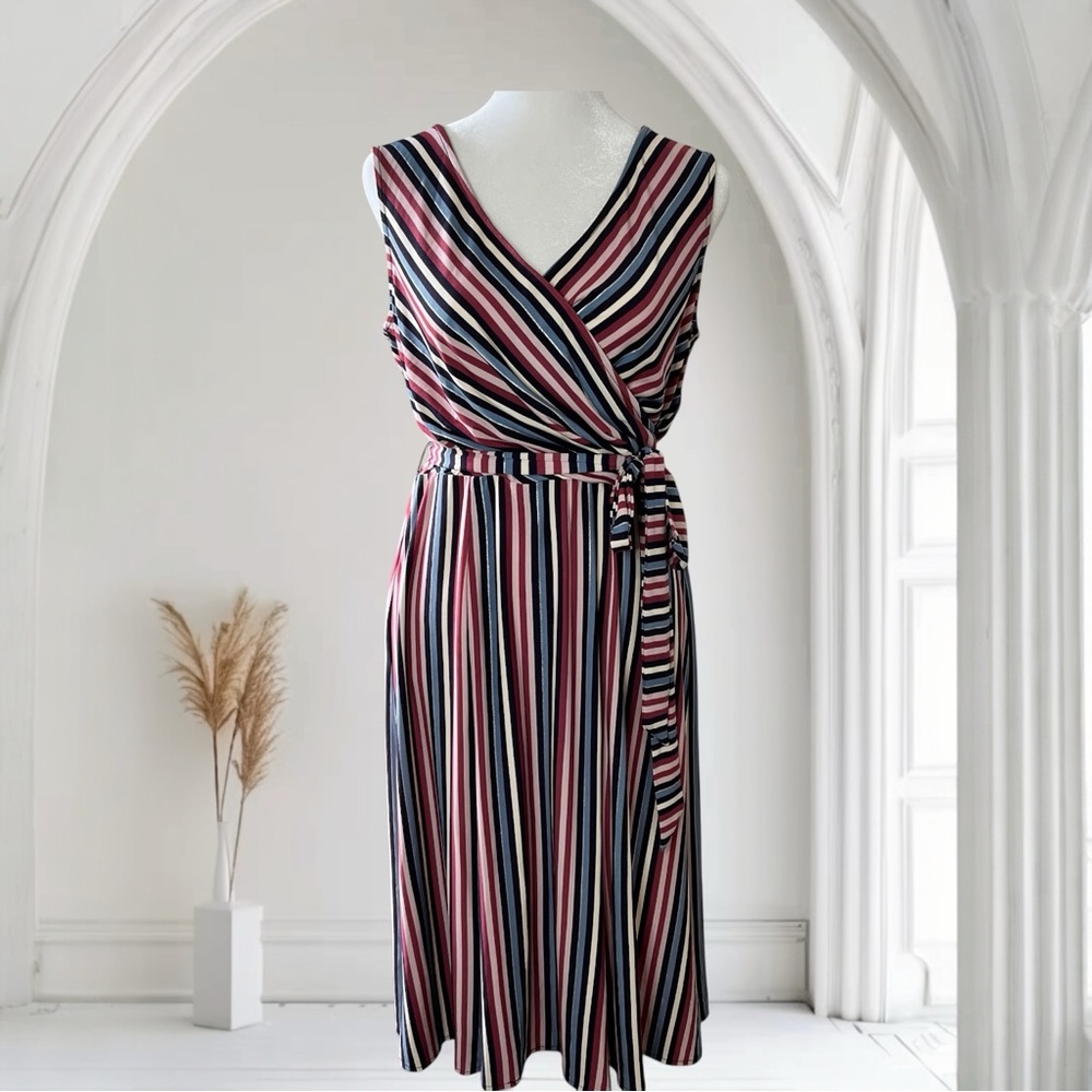 Donna Morgan faux wrap striped sleeveless dress